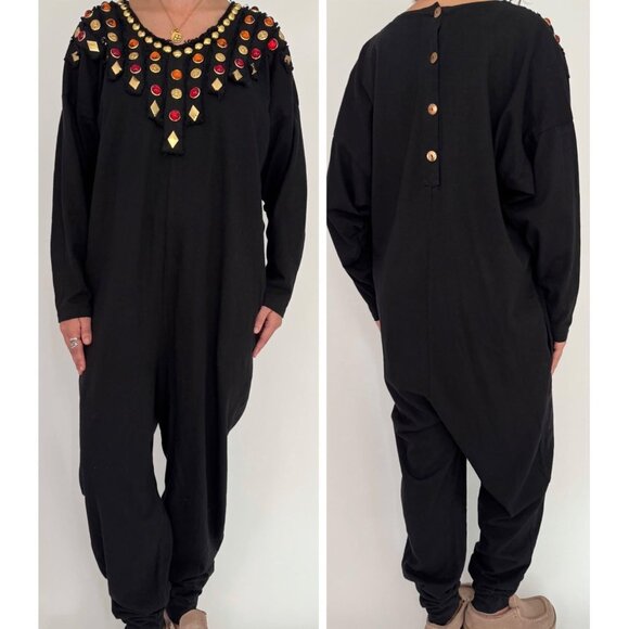 80s black embellished funky crazy one piece long sleeved cotton pant jumpsuit - Picture 1 of 9